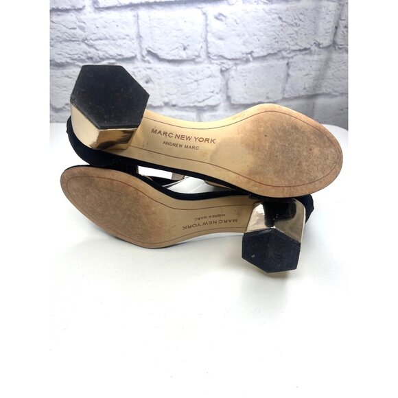 Andrew Marc New York Woman's Sandals Black Gold Heel Size 6 Harper Style - Picture 5 of 11